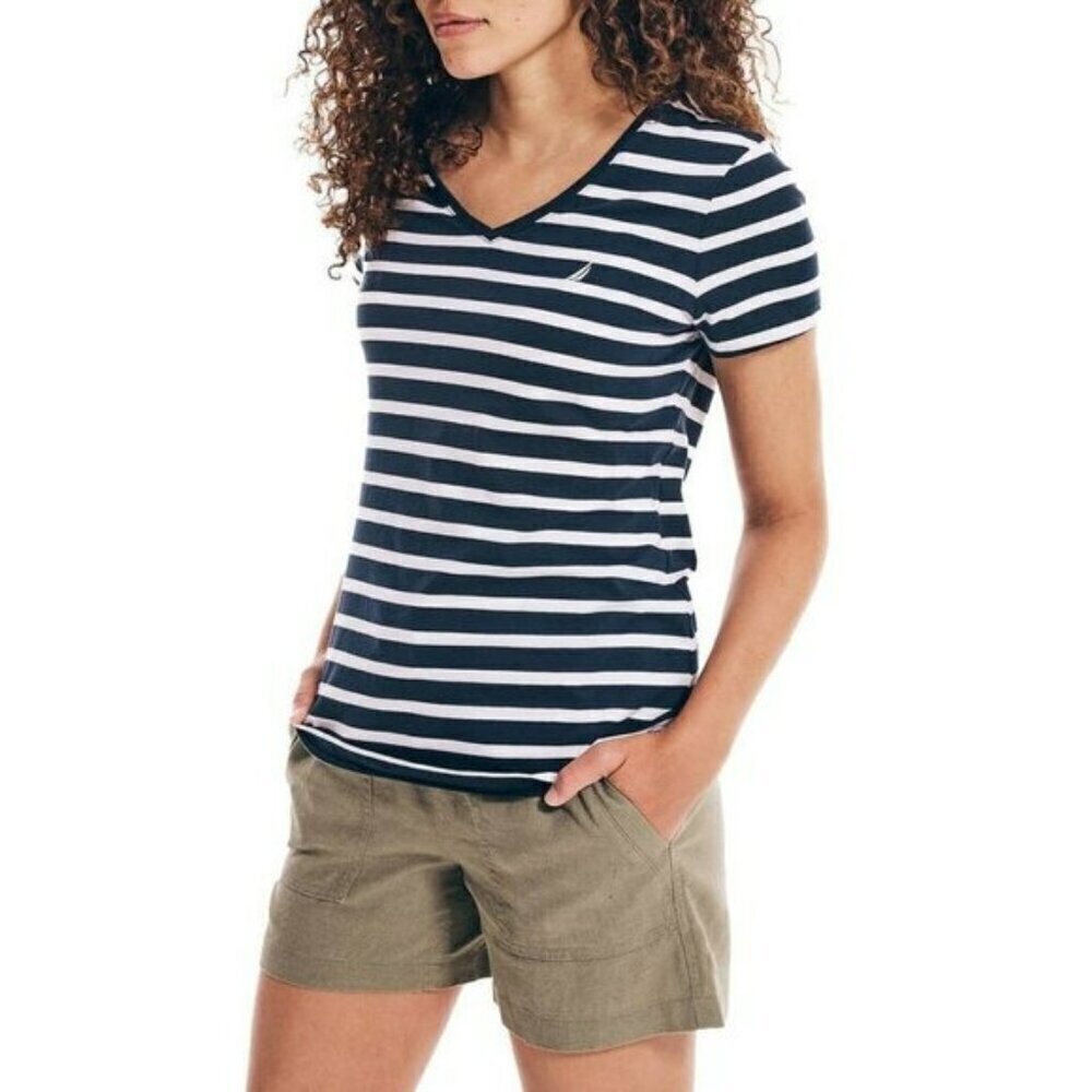 NWT Nautica Women's V-Neck Stripe Logo Tee Soft Jersey T-Shirt